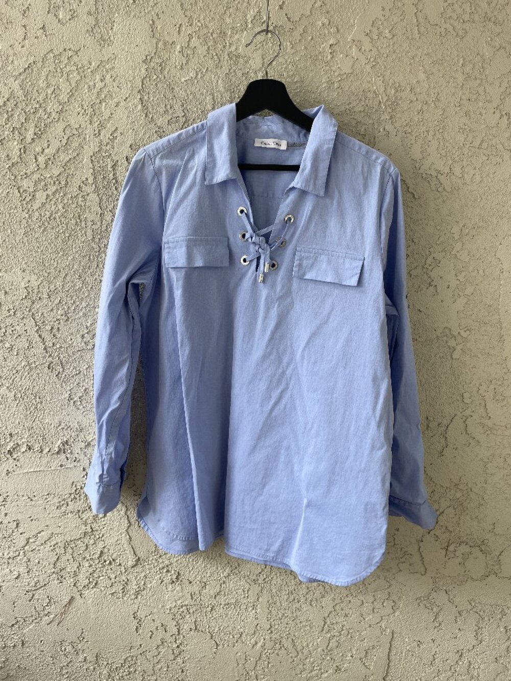 Calvin Klein Blue Lace-Up Front Cotton Blend Shirt Long Sleeve Top Large